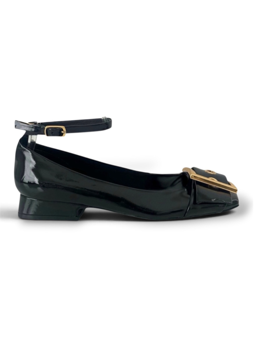 Jeffrey Campbell So Cute Ankle Strap Ballet Flat Square Toe Crinkle Patent Black